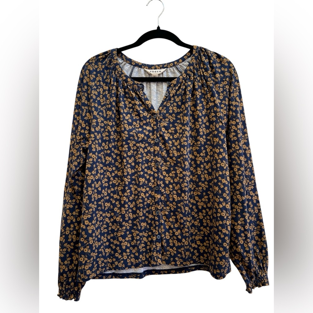 Boden Floral Blouse US 8 Navy Mustard Prairie Peasant Top Cottagecore Boho